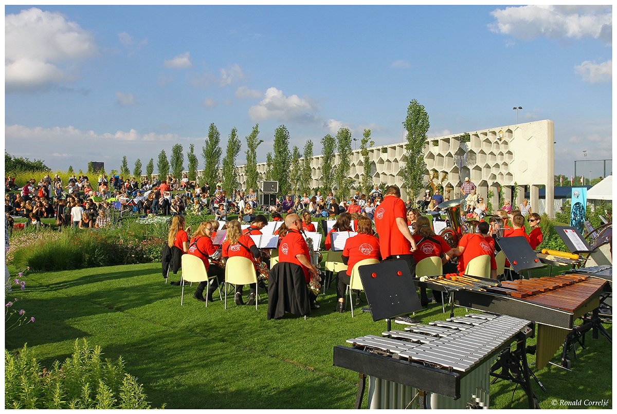 orkest in tuin met publiek