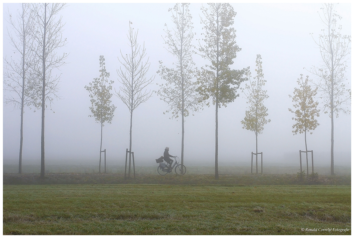 eenzame fietser in de mist