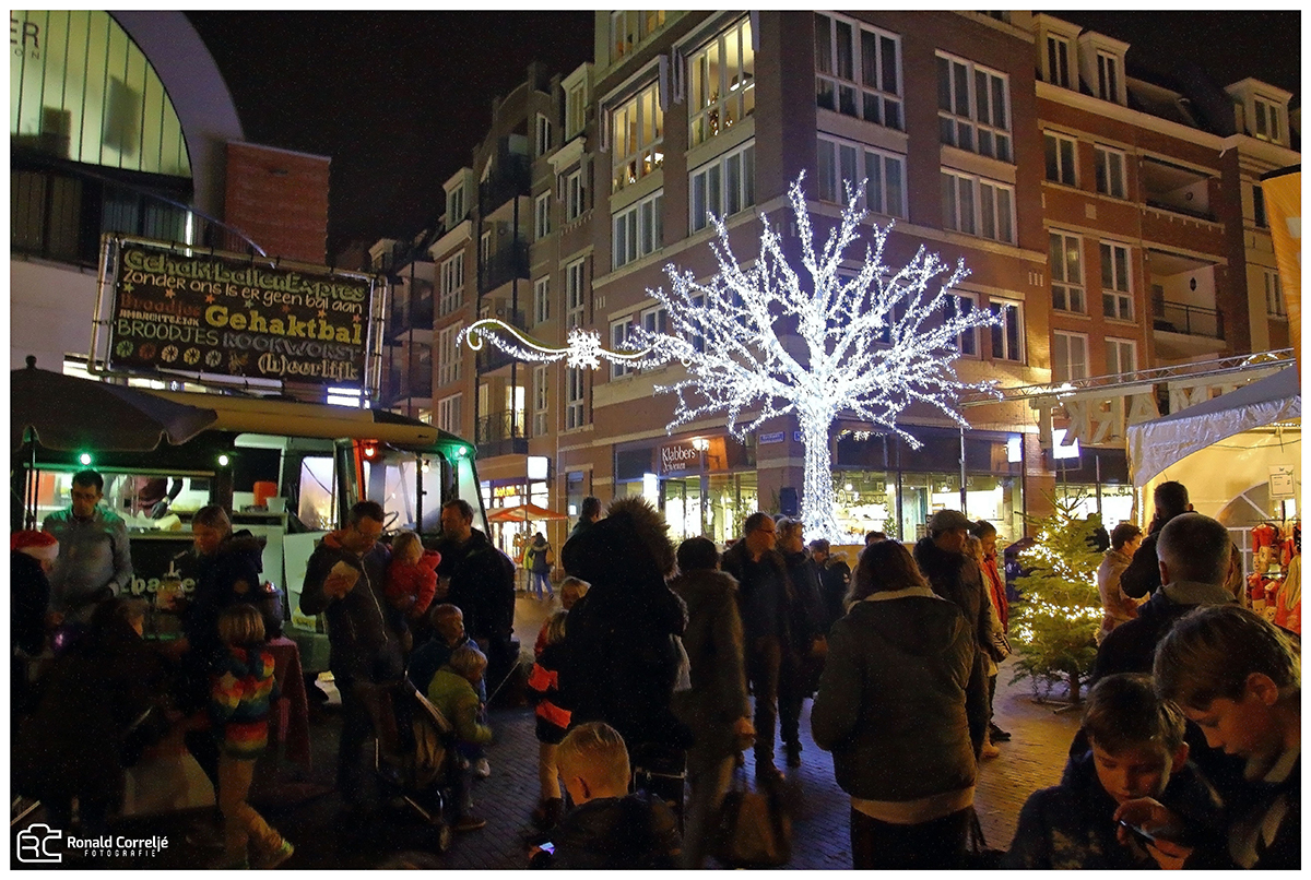 verlichte boom op kerstmarkt